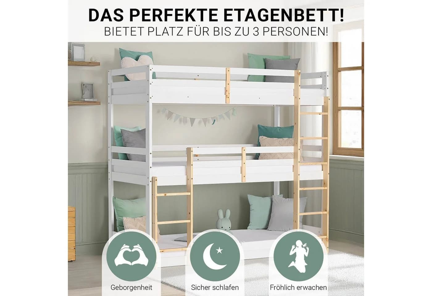 Homestyle4u Etagenbett Weiß Natur 3 Liegeflächen Bettkasten