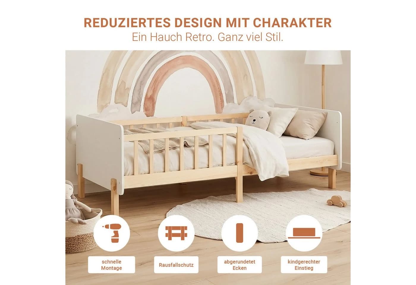 Homestyle4u Kinderbett 90x200 Holzbett Einzelbett Rausfallschutz Gestell Kinderzimmer Weiß