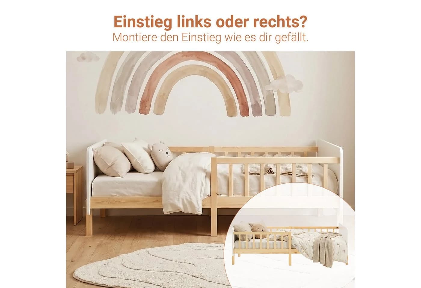 Homestyle4u Kinderbett 90x200 Holzbett Einzelbett Rausfallschutz Gestell Kinderzimmer Weiß - Bild 3
