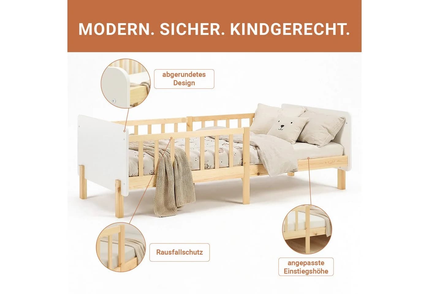 Homestyle4u Kinderbett 90x200 Holzbett Einzelbett Rausfallschutz Gestell Kinderzimmer Weiß - Bild 5