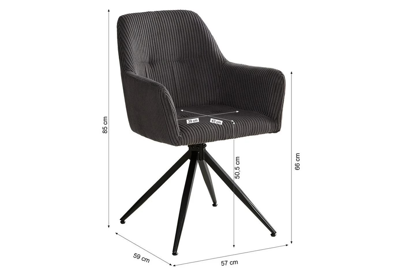 Homestyle4u Armlehnstuhl Esszimmer Stuhl Drehbar Grau Cord 2er Set - Bild 5