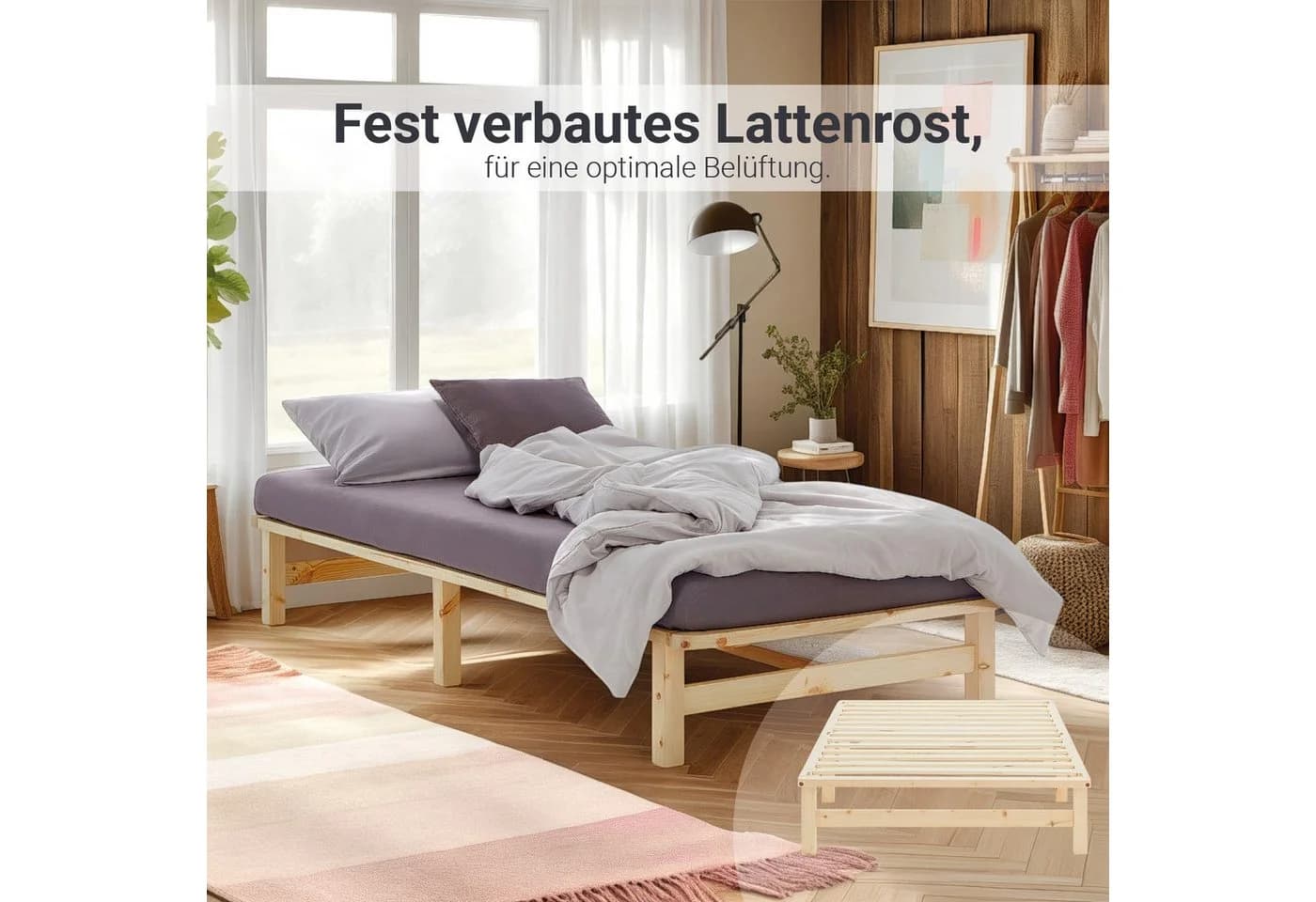 Homestyle4u Palettenbett 100x200 cm Kiefernholz mit Lattenrost - Bild 3