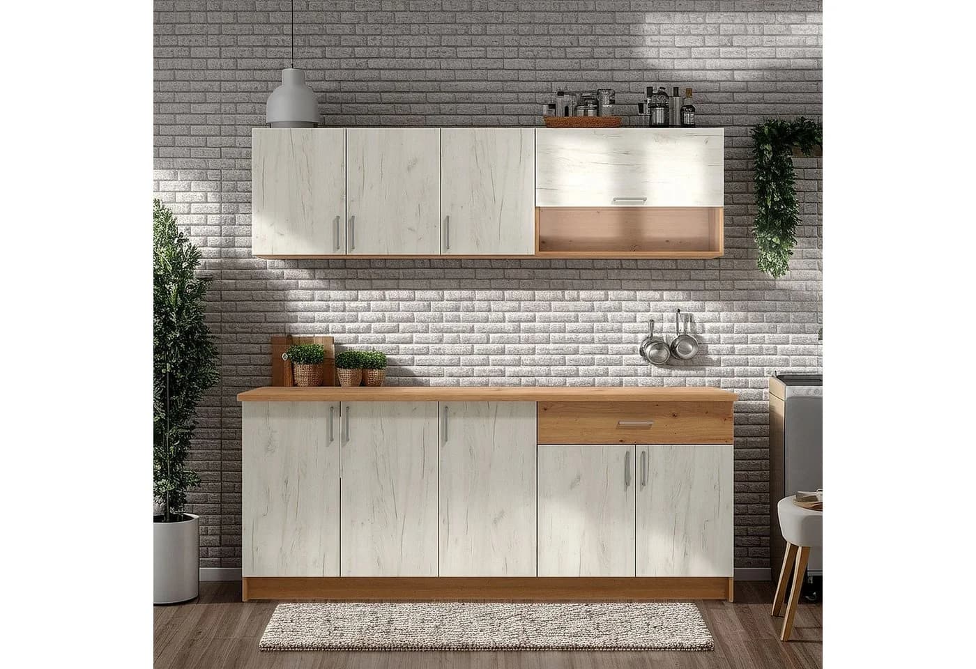 Homestyle4u Küchenzeile Weiß & Shabby Eiche mit Oberschränken - Bild 2