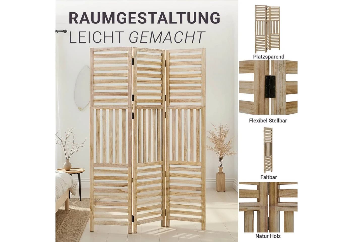 Homestyle4u Paravent Raumteiler Holz Natur 3-teilig faltbar - Bild 4