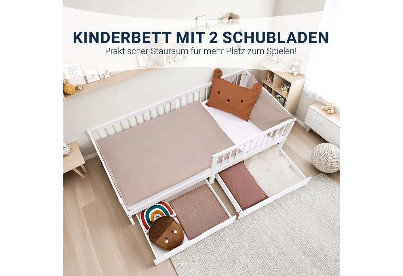 Homestyle4u Kinderbett 90x200 mit Stauraum und Rausfallschutz Weiß