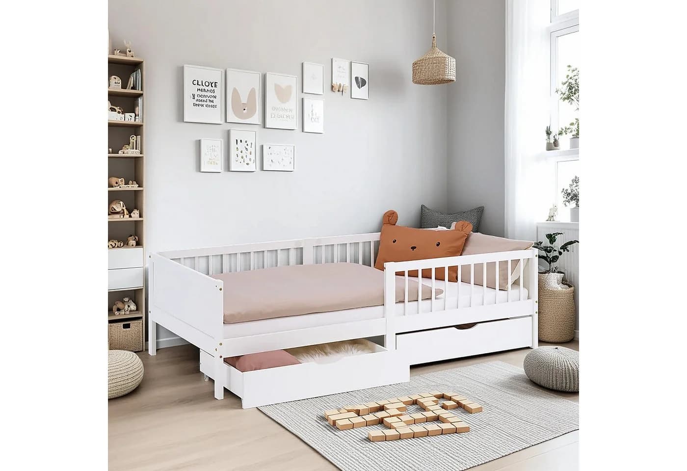 Homestyle4u Kinderbett 90x200 mit Stauraum und Rausfallschutz Weiß - Bild 2