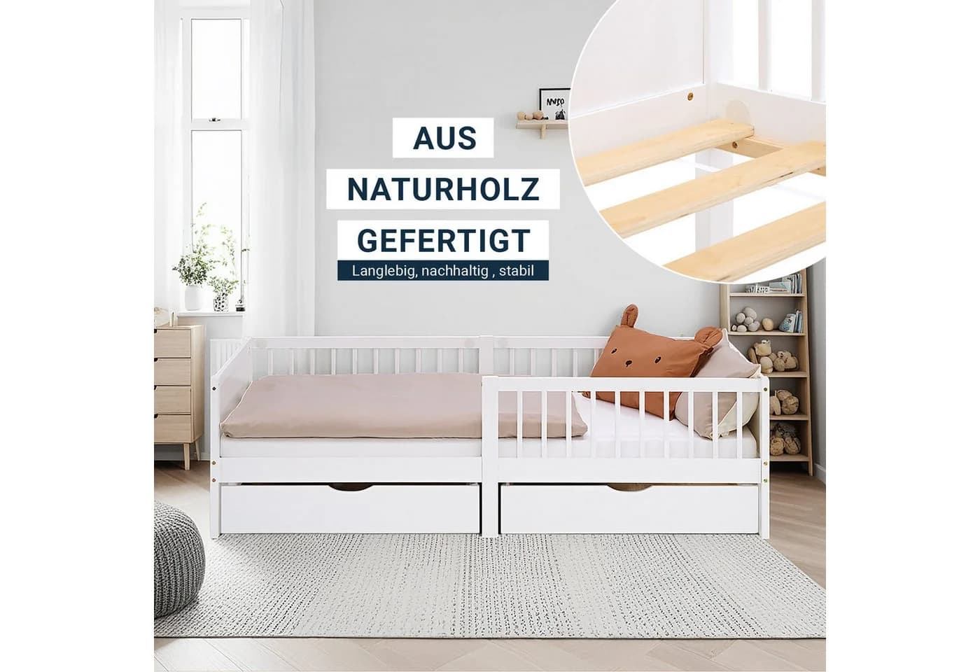Homestyle4u Kinderbett 90x200 mit Stauraum und Rausfallschutz Weiß - Bild 3
