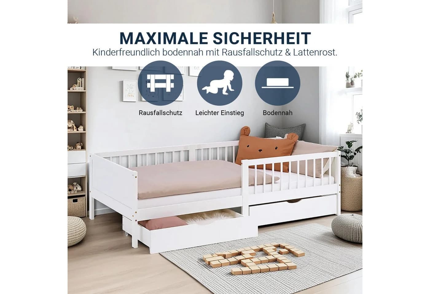 Homestyle4u Kinderbett 90x200 mit Stauraum und Rausfallschutz Weiß - Bild 4