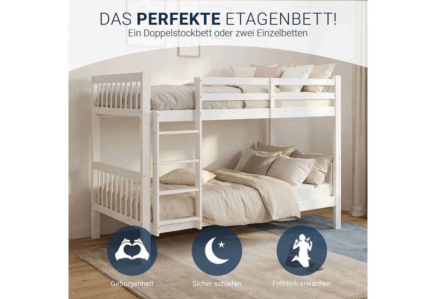 Homestyle4u Etagenbett 90x200 Weiß Kiefer Umbaubar