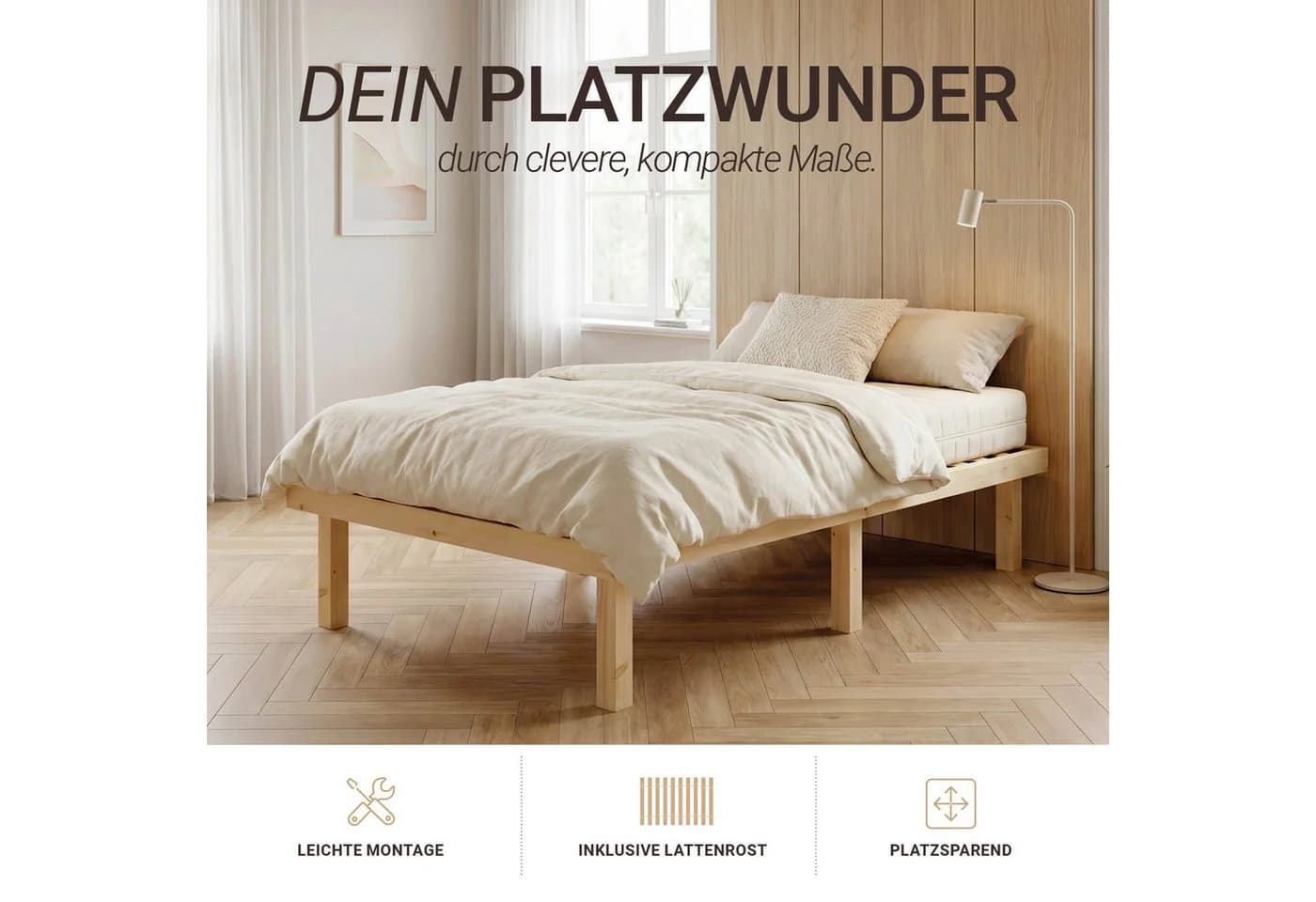 Homestyle4u Holzbett 90x200 cm Kiefernholz Natur mit Lattenrost