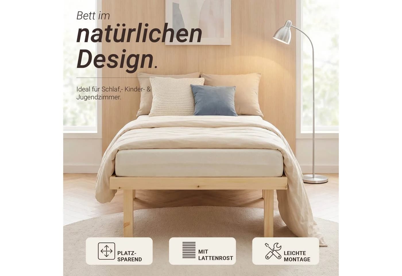 Homestyle4u Holzbett 90x200 cm Kiefernholz Natur mit Lattenrost - Bild 4