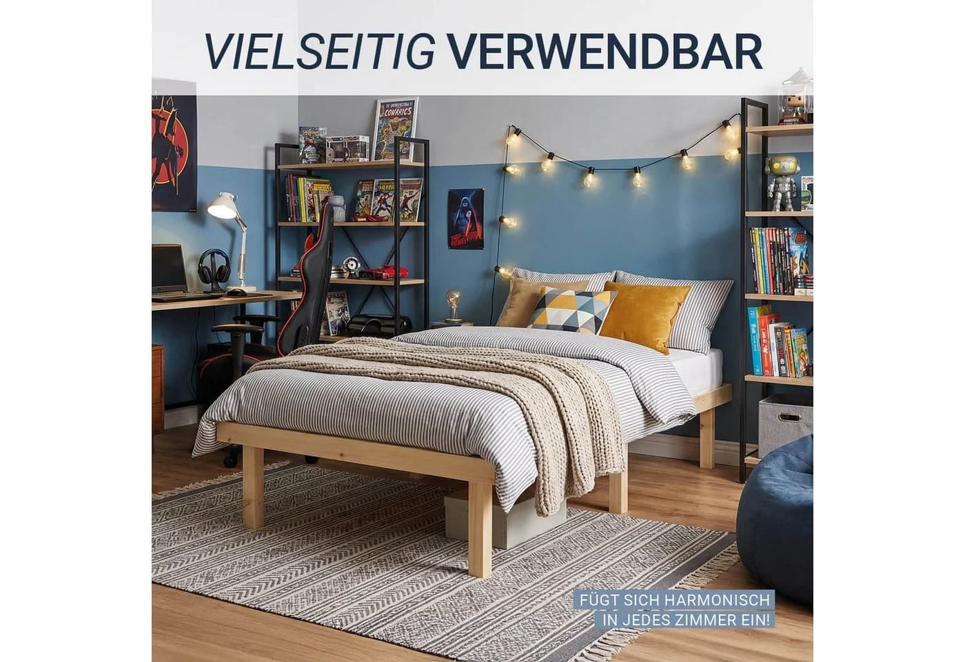 Homestyle4u Holzbett 90x200 cm Kiefernholz Natur mit Lattenrost - Bild 5