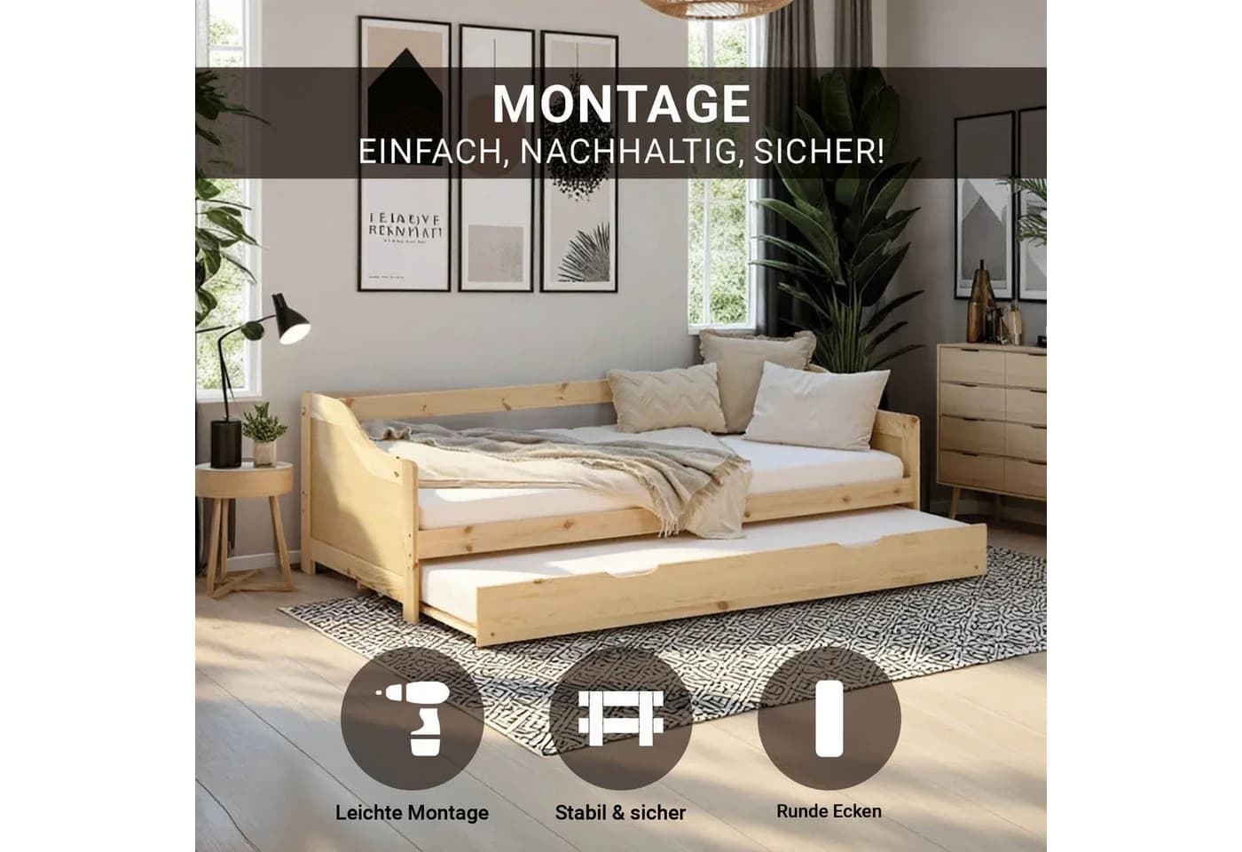 Homestyle4u Ausziehbett 90x200 Holz mit 2 Liegeflächen