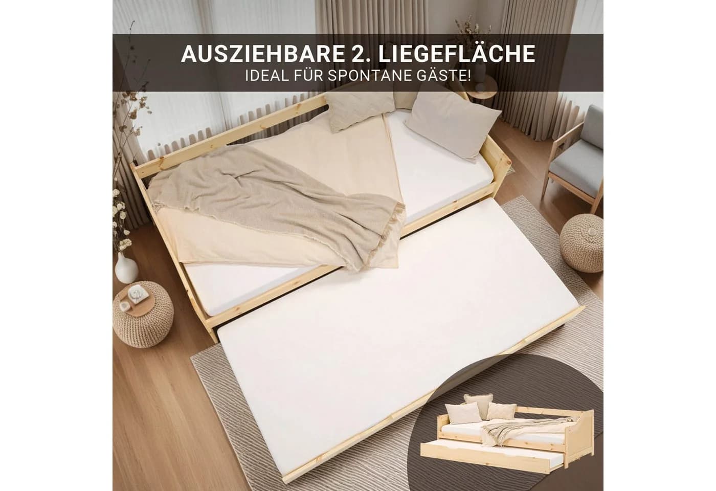 Homestyle4u Ausziehbett 90x200 Holz mit 2 Liegeflächen - Bild 5