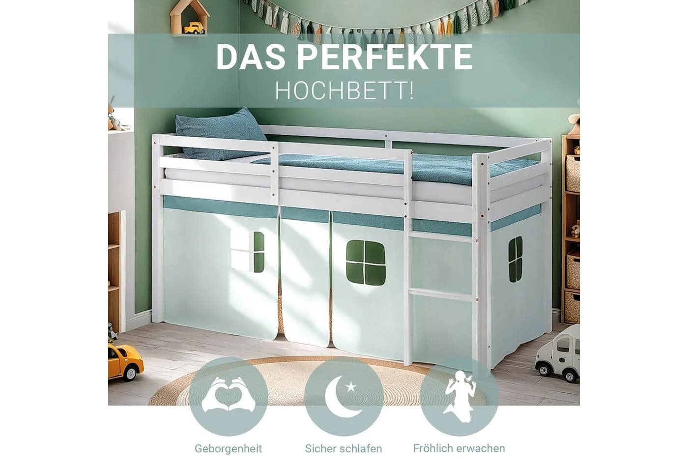 Homestyle4u Hochbett 90x200 Stockbett Vorhang Kinderbett Holz Kiefer Weiß Grün Mint