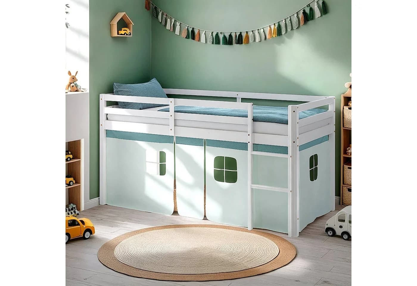 Homestyle4u Hochbett 90x200 Stockbett Vorhang Kinderbett Holz Kiefer Weiß Grün Mint - Bild 2