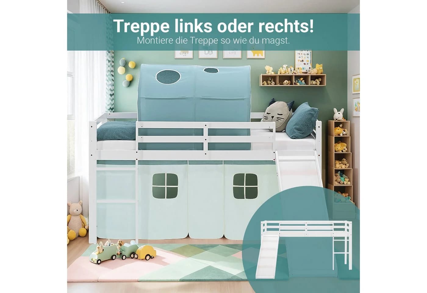 Homestyle4u Hochbett mit Rutsche und Tunnel Weiß Grün - Bild 3