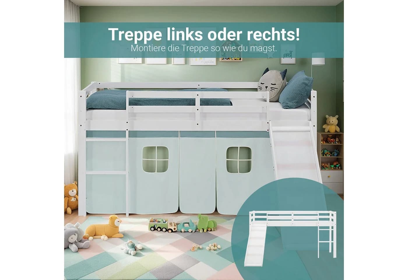 Homestyle4u Hochbett mit Rutsche und Vorhang, Weiß/Mintgrün, Massivholz