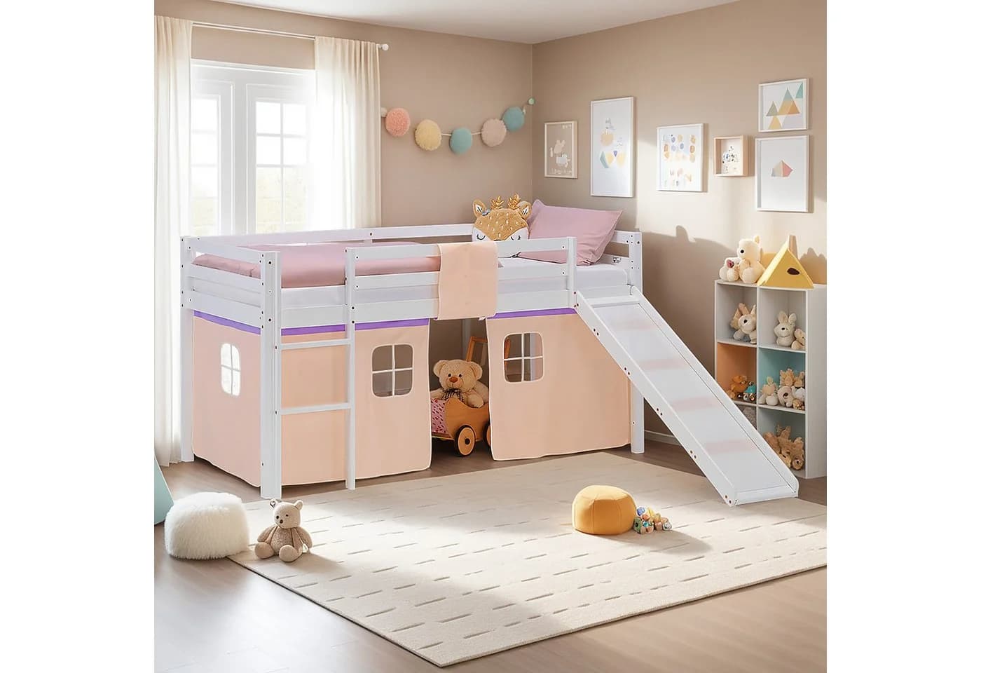 Homestyle4u Hochbett Kinderbett Weiß Lila mit Rutsche und Vorhang - Bild 2
