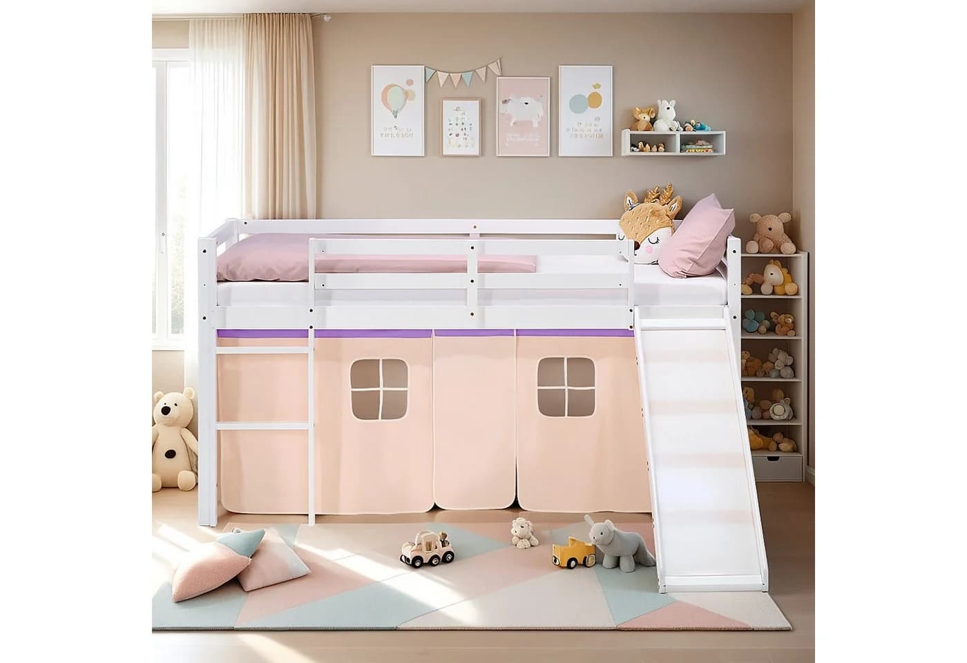 Homestyle4u Hochbett Kinderbett Weiß Lila mit Rutsche und Vorhang - Bild 3