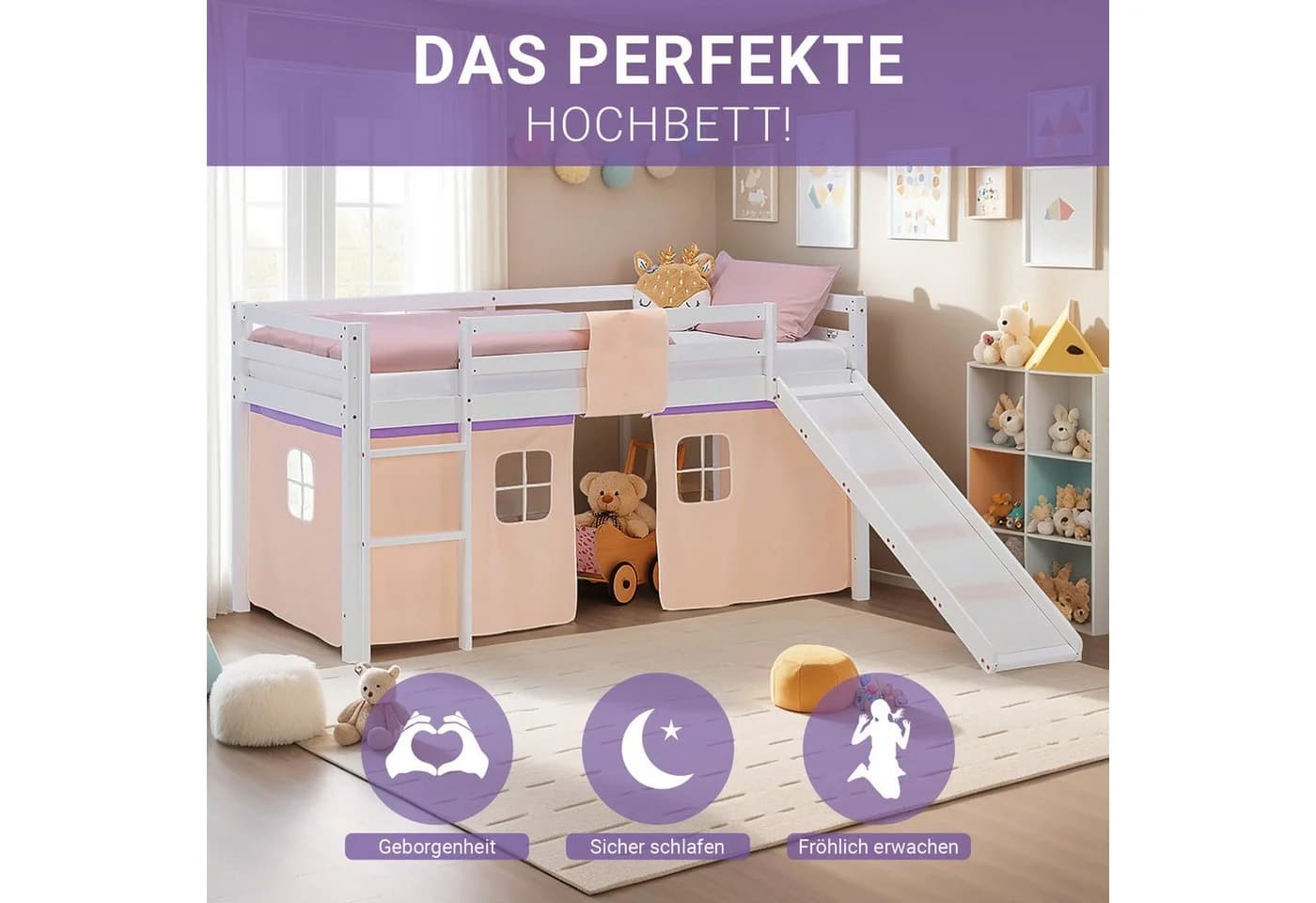 Homestyle4u Hochbett Kinderbett Weiß Lila mit Rutsche und Vorhang - Bild 3