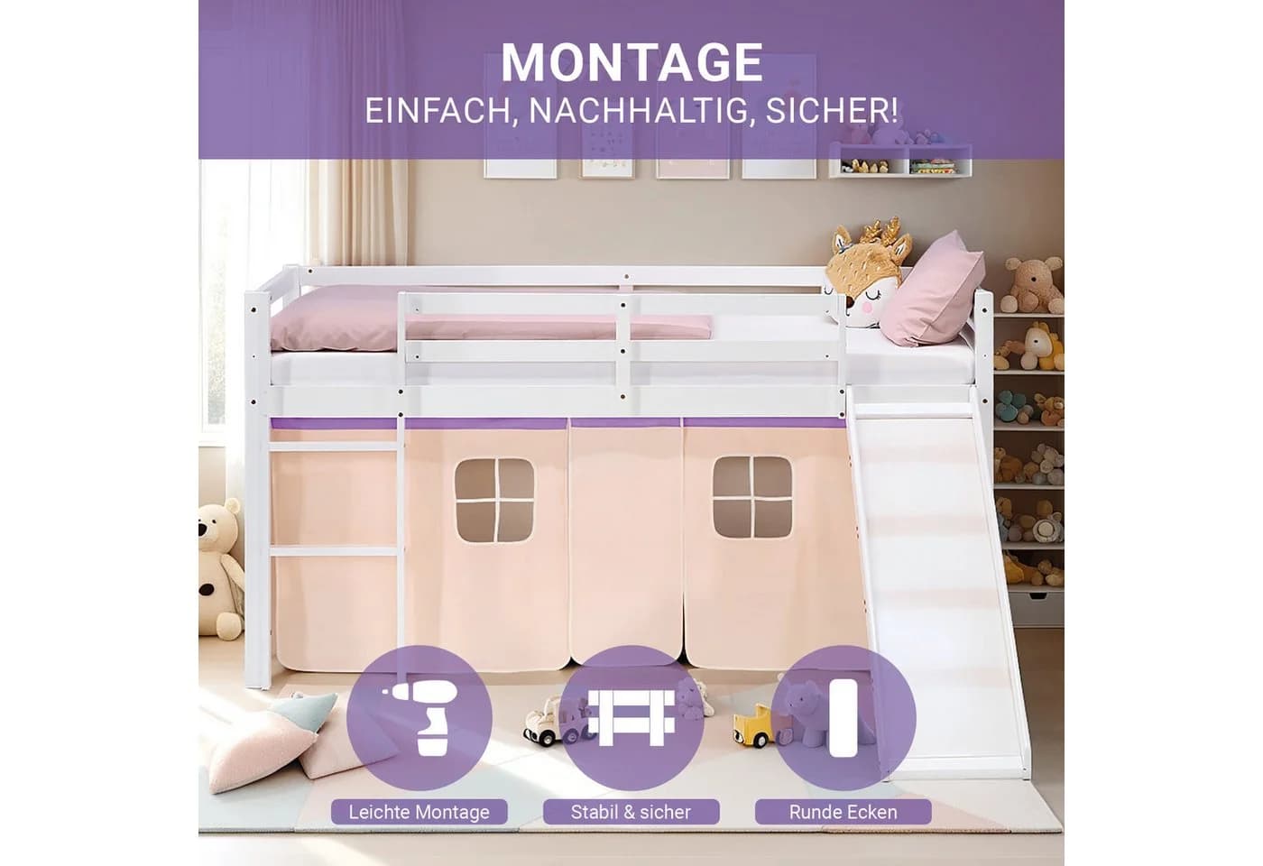 Homestyle4u Hochbett Kinderbett 90x200 Weiß Lila mit Rutsche und Vorhang