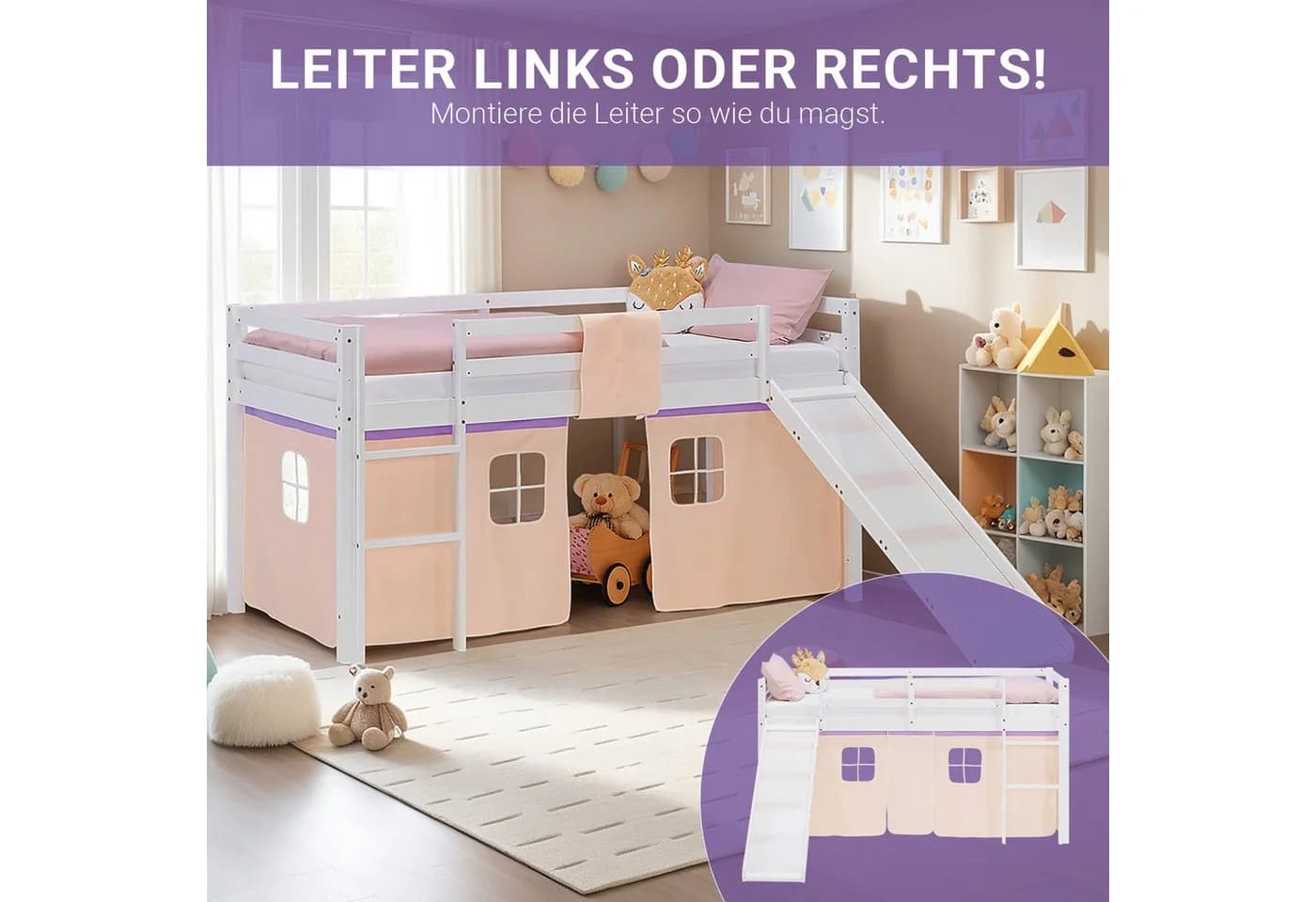 Homestyle4u Hochbett Kinderbett 90x200 Weiß Lila mit Rutsche und Vorhang - Bild 4