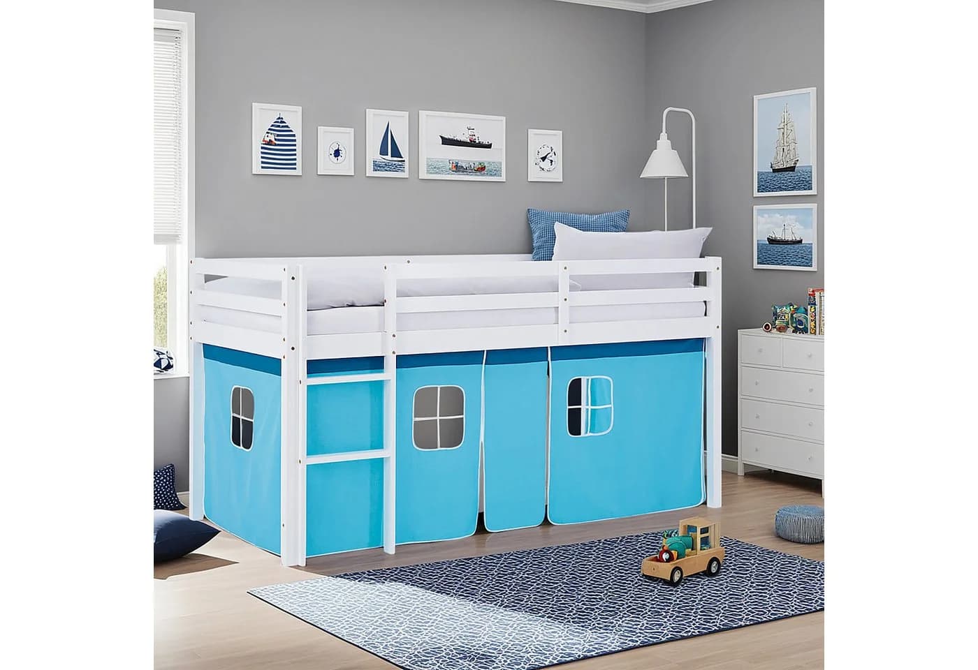 Homestyle4u Hochbett 90x200 Piratendesign Kinderbett Holz Weiß Blau - Bild 2