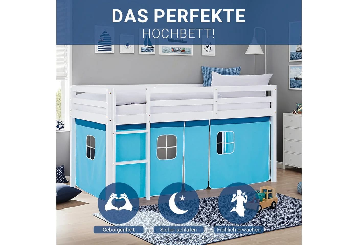 Homestyle4u Hochbett 90x200 Piratendesign Kinderbett Holz Weiß Blau - Bild 3
