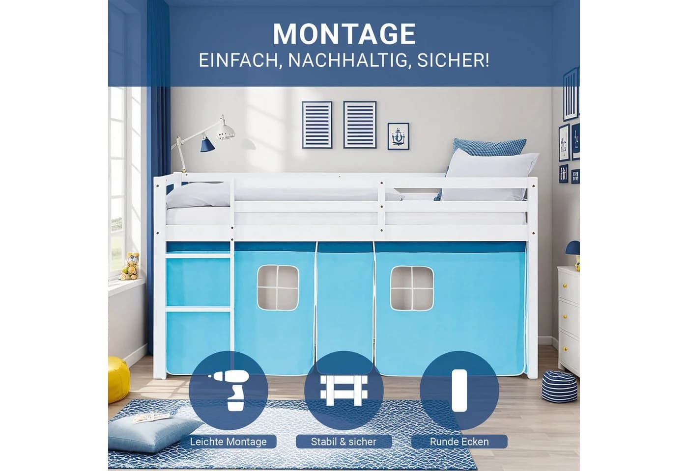 Homestyle4u Hochbett 90x200 Piratendesign Kinderbett Holz Weiß Blau - Bild 4