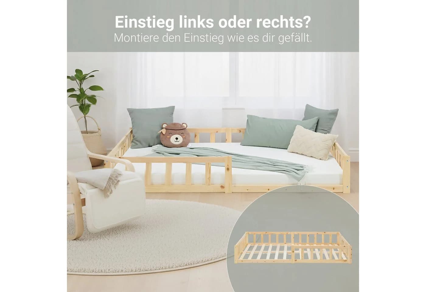 Homestyle4u Kinderbett Bodenbett Weiß Natur Massivholz Komplettset - Bild 3