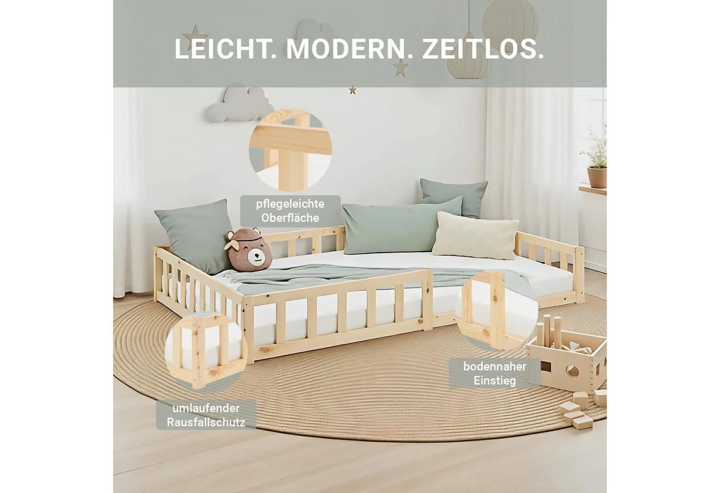 Homestyle4u Kinderbett Bodenbett Weiß Natur Massivholz Komplettset - Bild 5
