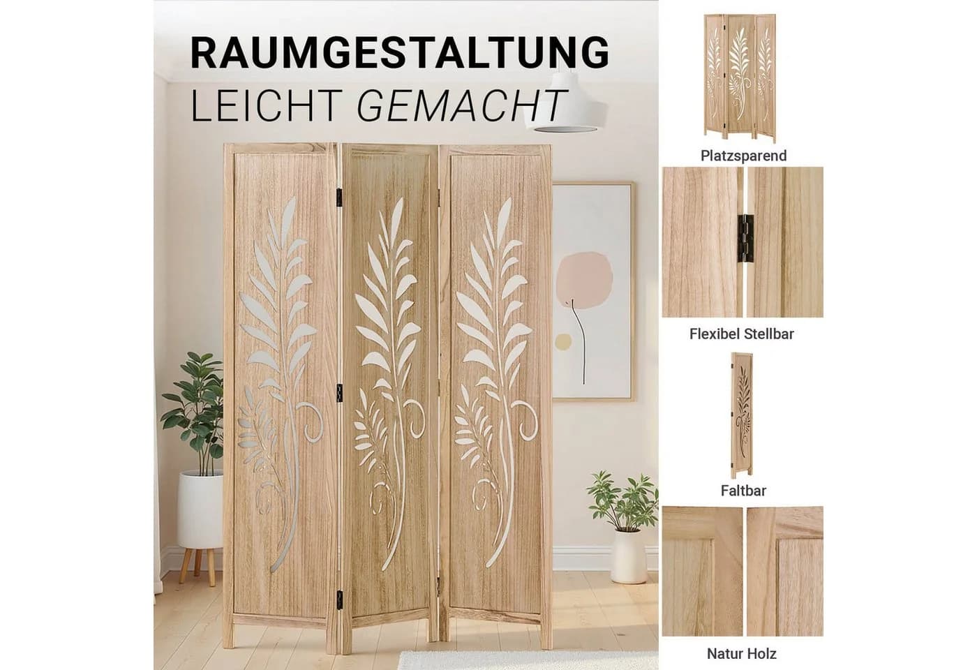 Homestyle4u Paravent Raumteiler Holz 3-teilig Natur Sichtschutz - Bild 3