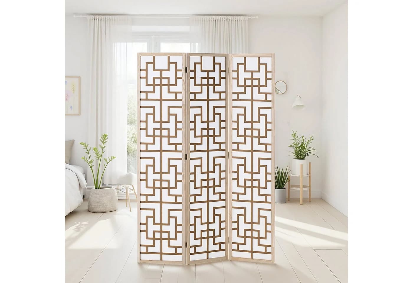 Homestyle4u Paravent Raumteiler Holz Shoji Trennwand Natur Sichtschutz Indoor faltbar (3-teilig) Braun - Bild 2