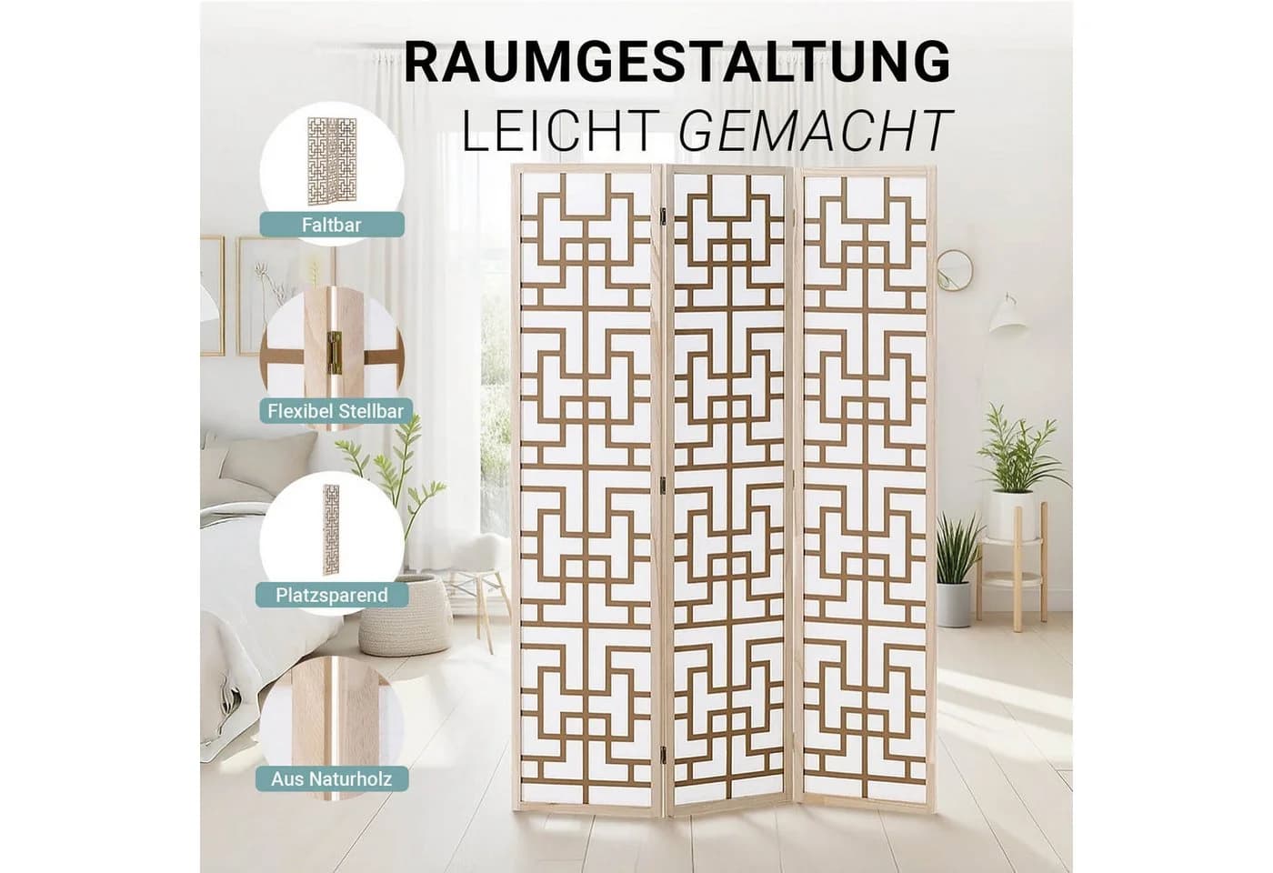 Homestyle4u Paravent Raumteiler Holz Shoji Trennwand Natur Sichtschutz Indoor faltbar (3-teilig) Braun - Bild 3