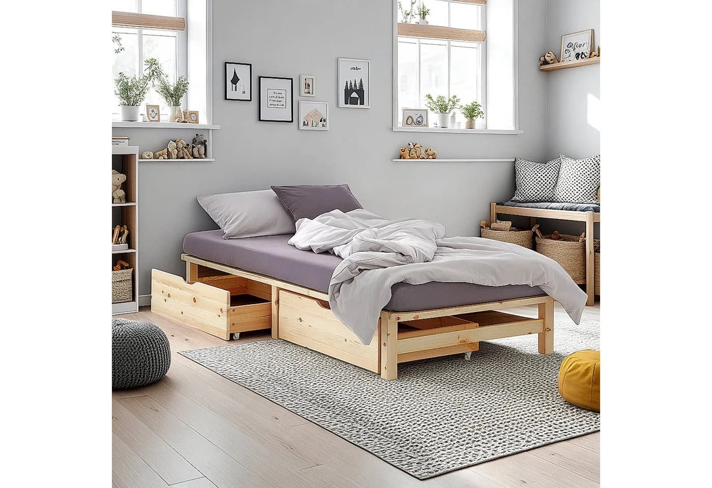 Homestyle4u Palettenbett 100x200 cm Massivholz Kiefer mit Stauraum