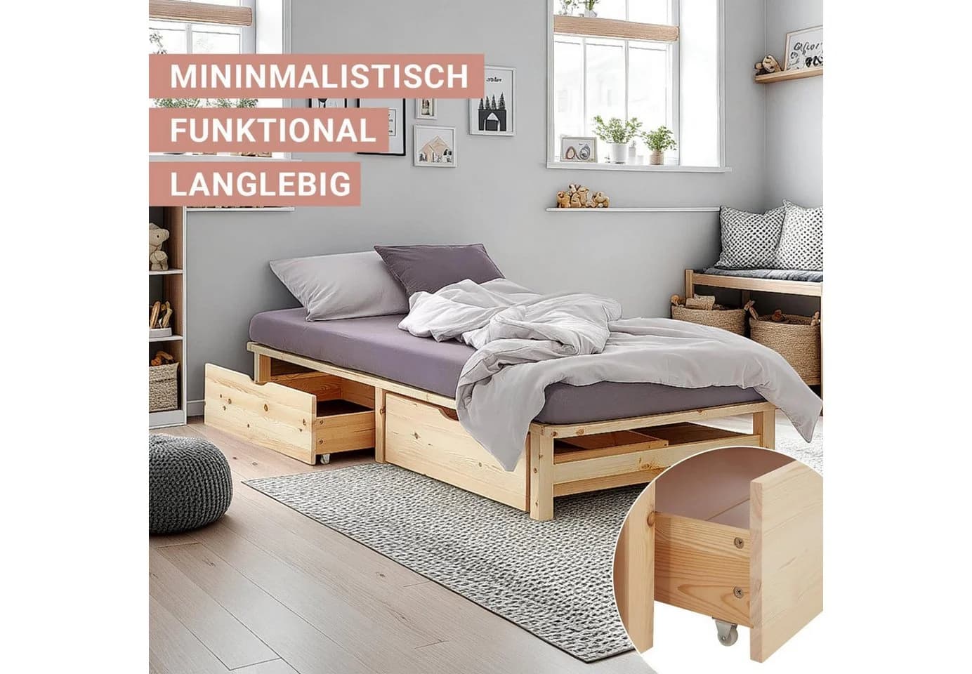 Homestyle4u Palettenbett 100x200 cm Massivholz Kiefer mit Stauraum - Bild 3