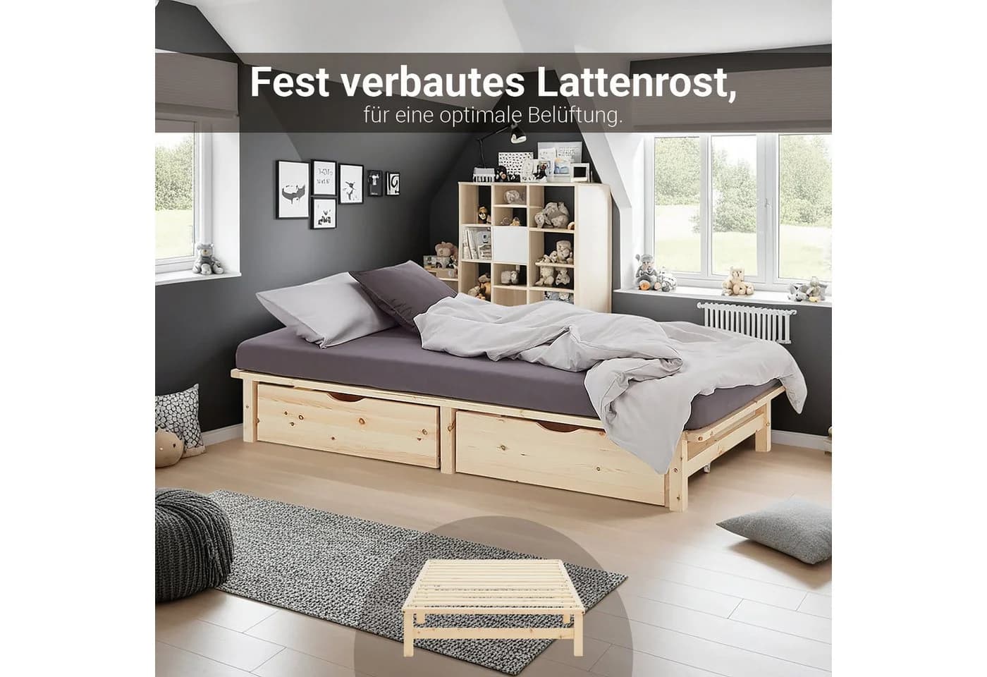 Homestyle4u Palettenbett 100x200 cm Massivholz Kiefer mit Stauraum - Bild 4