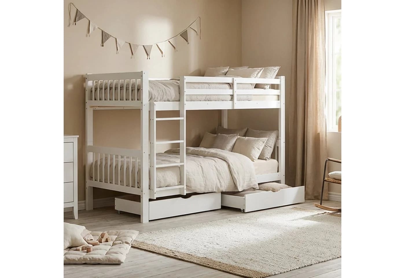 Homestyle4u Etagenbett 90x200 für 2 Kinder Weiß Doppelstockbett Leiter Hochbett Treppe Holz