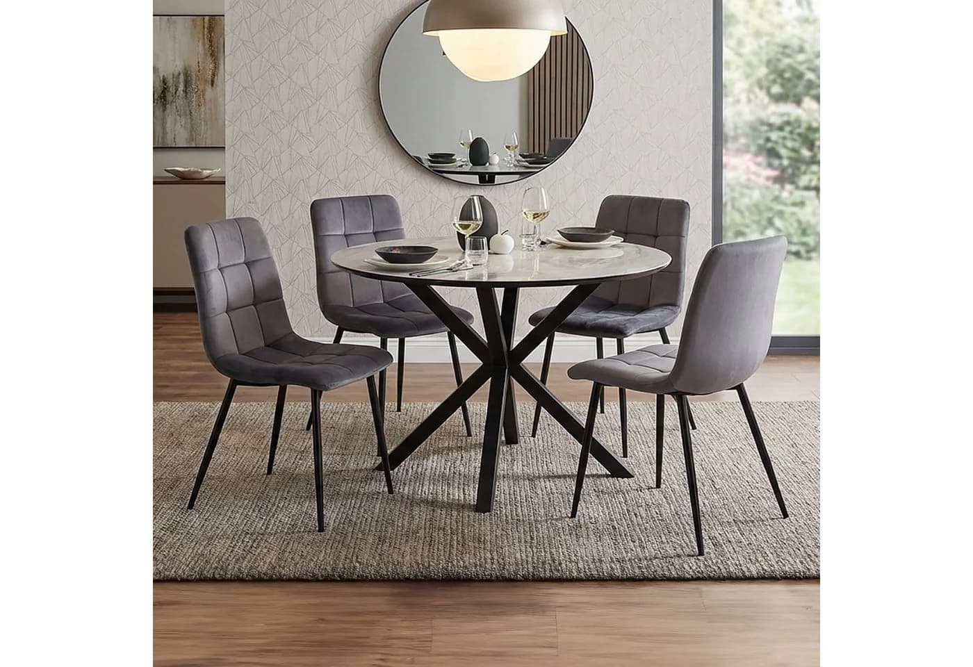 Homestyle4u Essgruppe rund Ø110 Samt Grau Metallgestell Steinoptik - Bild 5