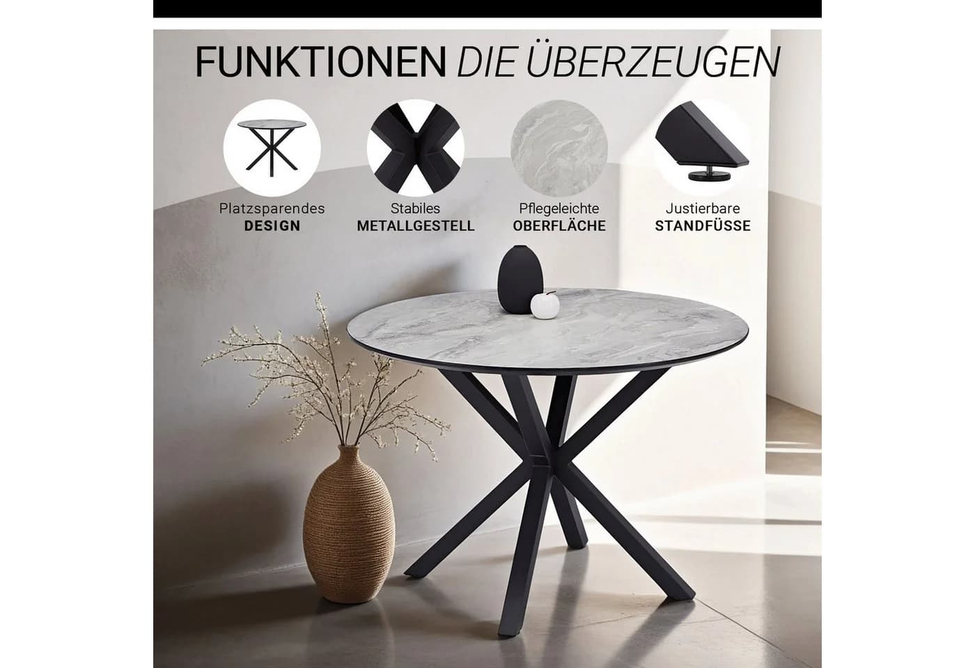 Homestyle4u Essgruppe 5-tlg. Rund Ø110cm Grau Metall Steinoptik - Bild 3