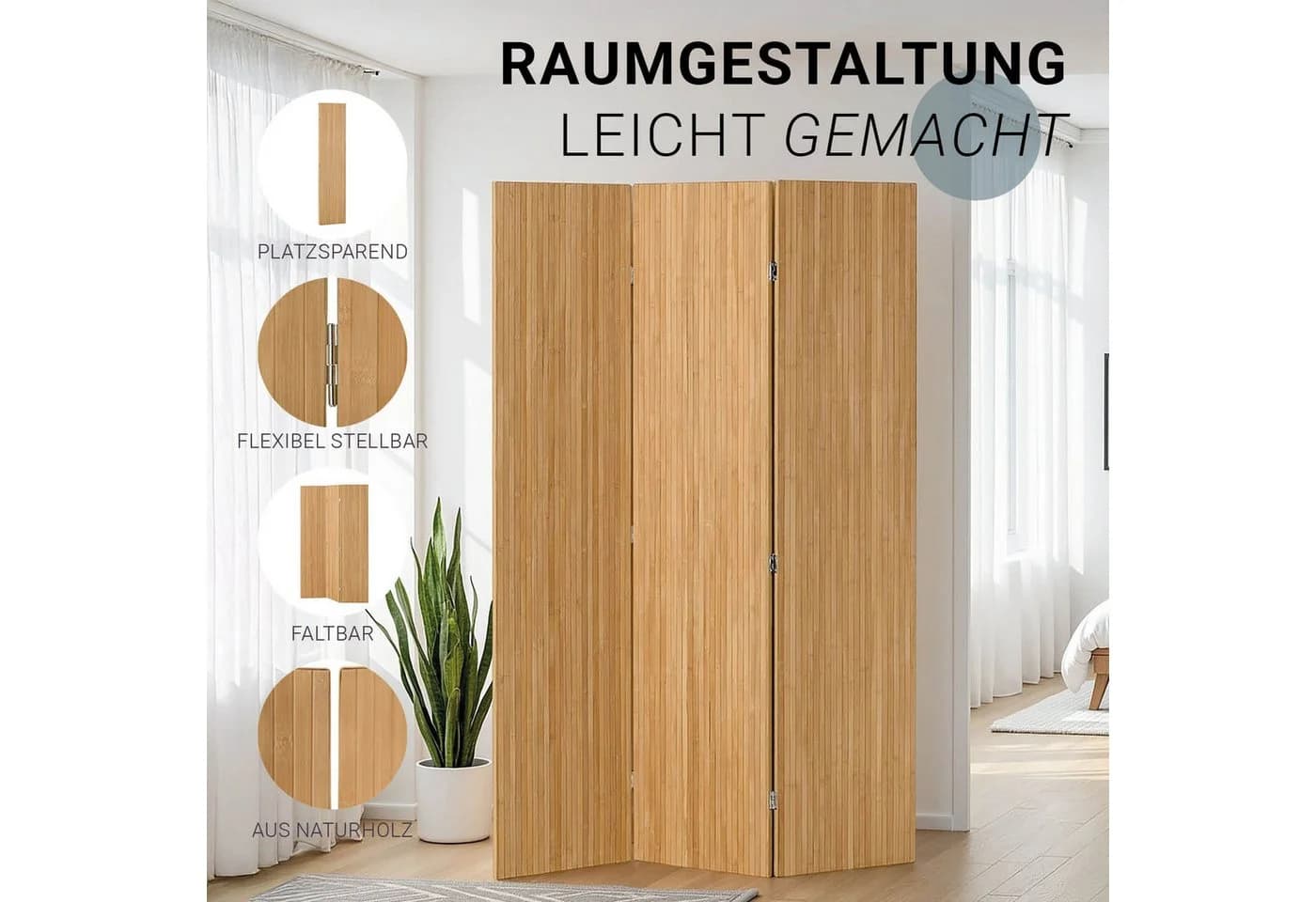 Homestyle4u Paravent Bambus Raumteiler 3-teilig faltbar braun - Bild 3
