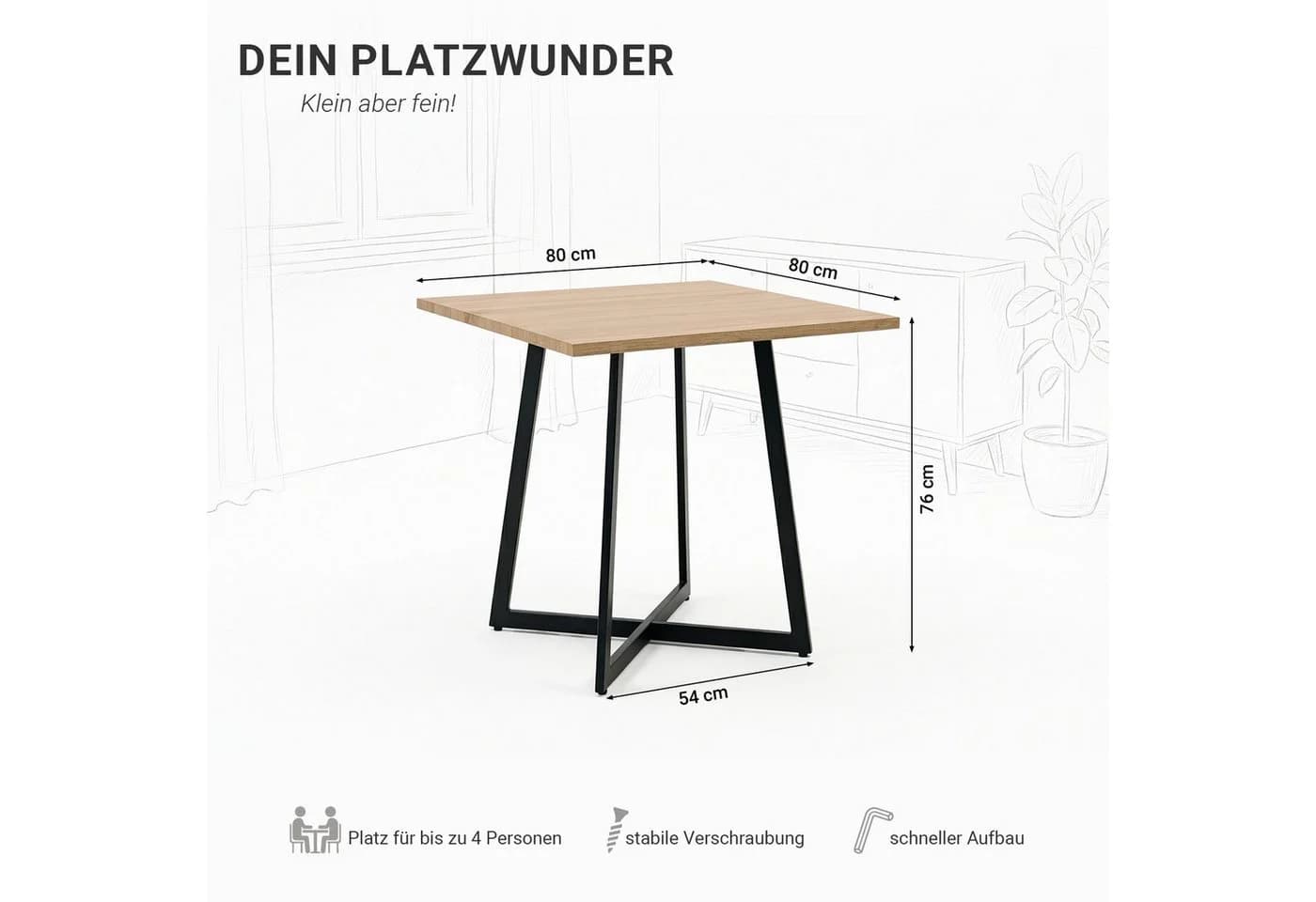 Homestyle4u Esstisch 80x80 Eiche Schwarz Industrial Design
