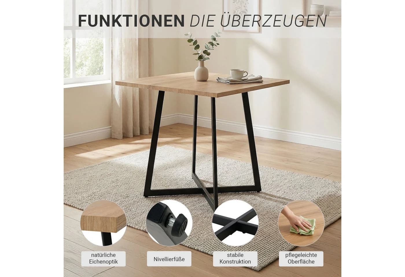 Homestyle4u Esstisch 80x80 Eiche Schwarz Industrial Design - Bild 3