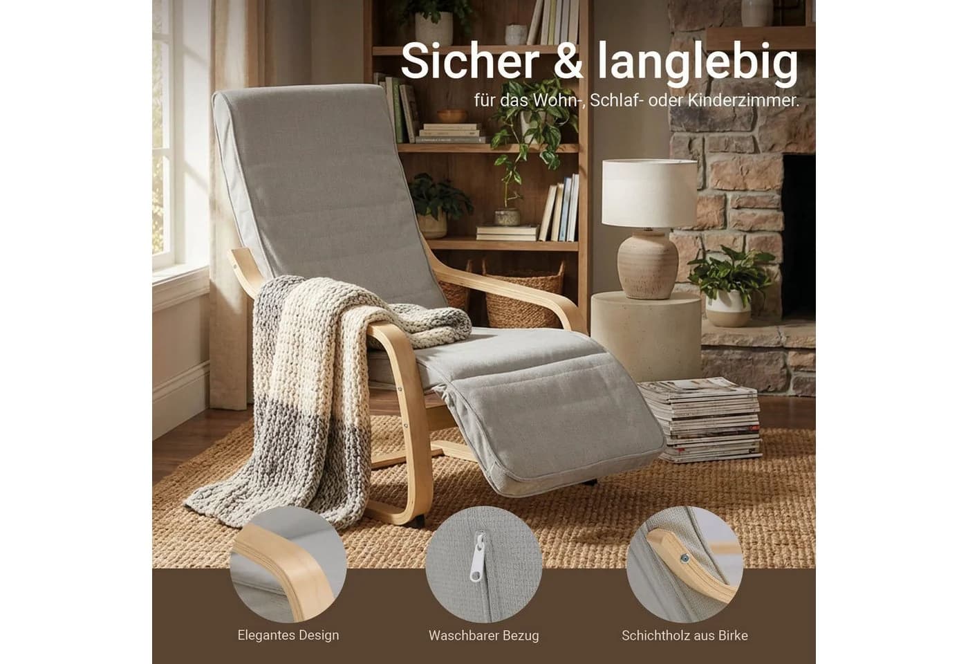 Homestyle4u Relaxsessel Cord Hellgrau Schwingsessel - Bild 3