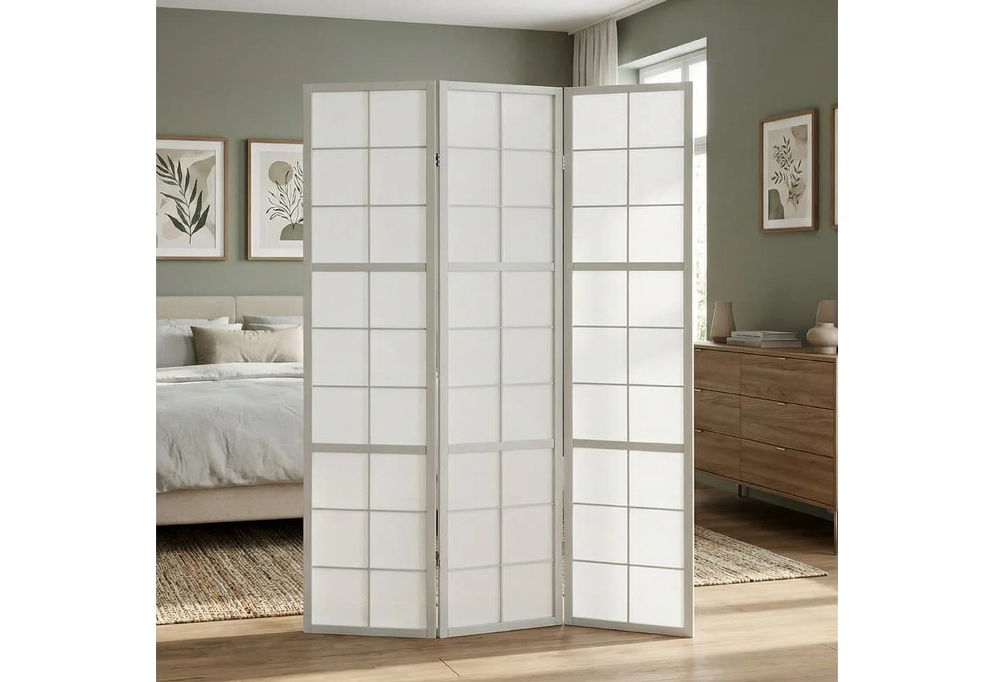 Homestyle4u Paravent 3-teilig Grau Shoji Holz Trennwand - Bild 2