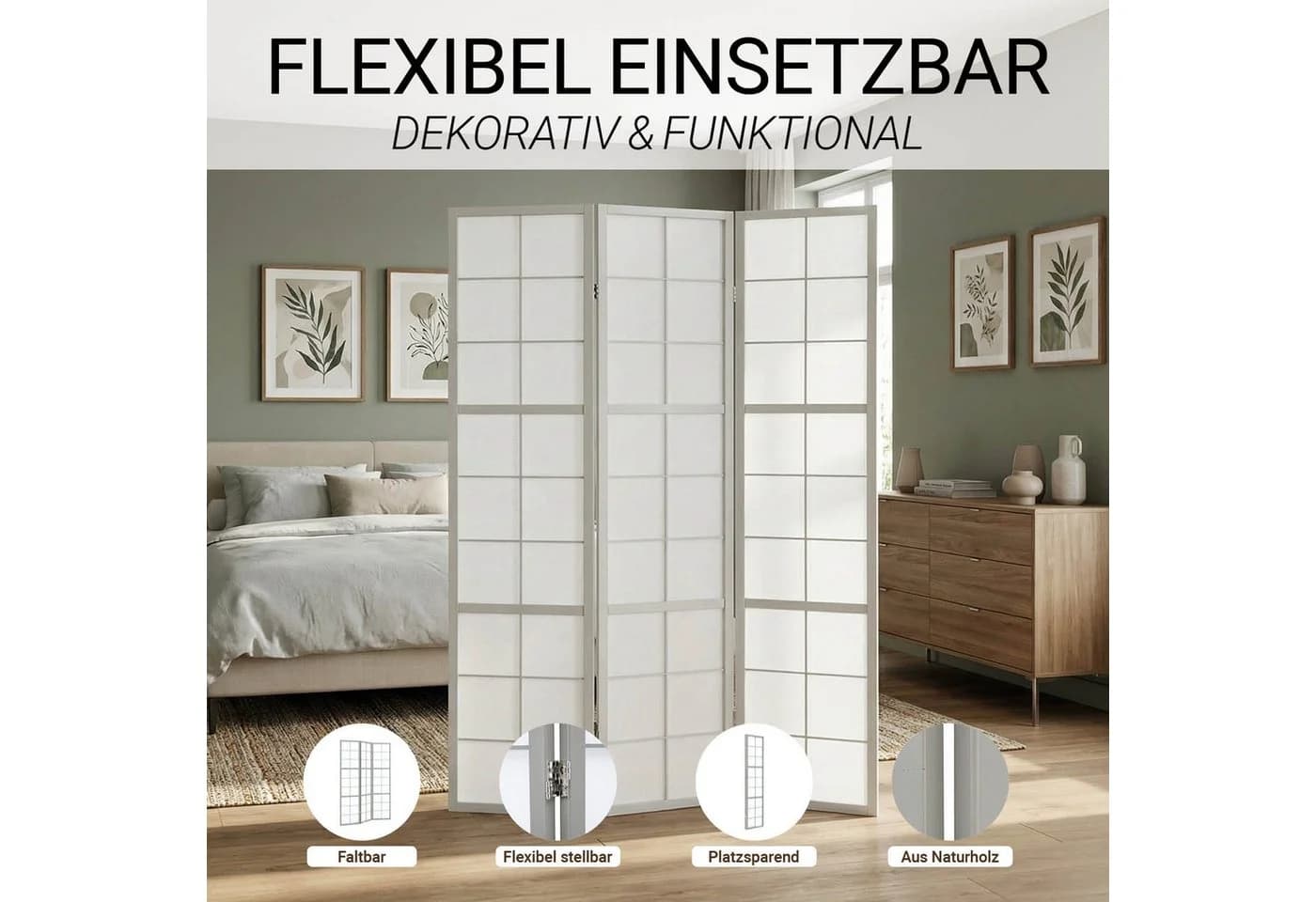 Homestyle4u Paravent 3-teilig Grau Shoji Holz Trennwand - Bild 3