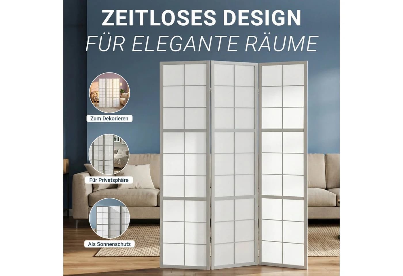 Homestyle4u Paravent 3-teilig Grau Shoji Holz Trennwand - Bild 5