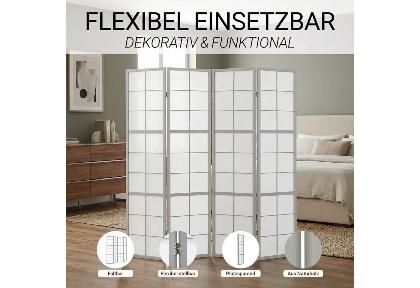 Homestyle4u Paravent Raumteiler Grau Shoji Holz - Bild 4