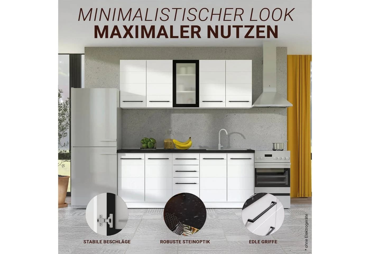 Homestyle4u Küchenzeile 200 cm Weiß Minimalistisches Design